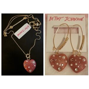 BETSEY JOHNSON SET Valentine’s Pink Marbled Heart Necklace and Earrings NEW NWT